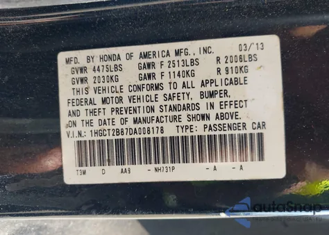 2013 Honda Accord Ex-L V-6 from USA, damaged, VIN 1HGCT2B87DA008178